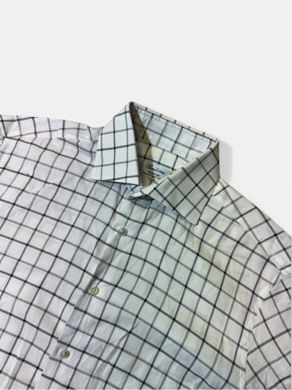 Stenströms men 15.5 39 white plaid fitted body two fold super cotton dress shirt